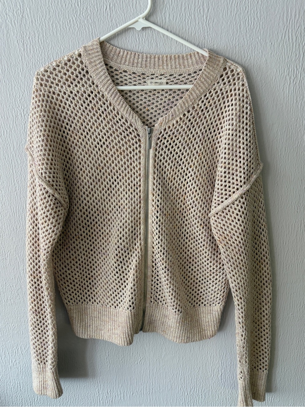 Anthropologie Pilcro Bomber Beige Zip Front Cardigan Sweater Size L